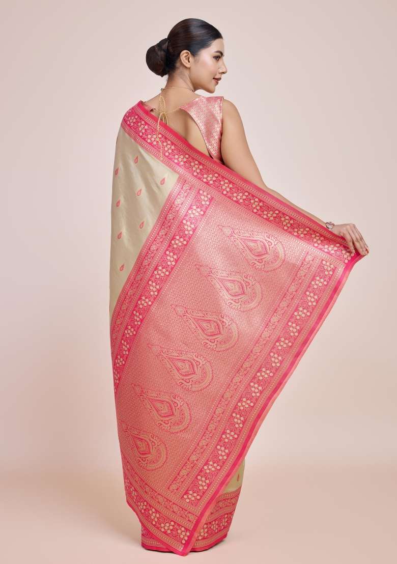 Cream Woven Silk Saree Set for Diwali | Wedding & Festive Wear - Indya