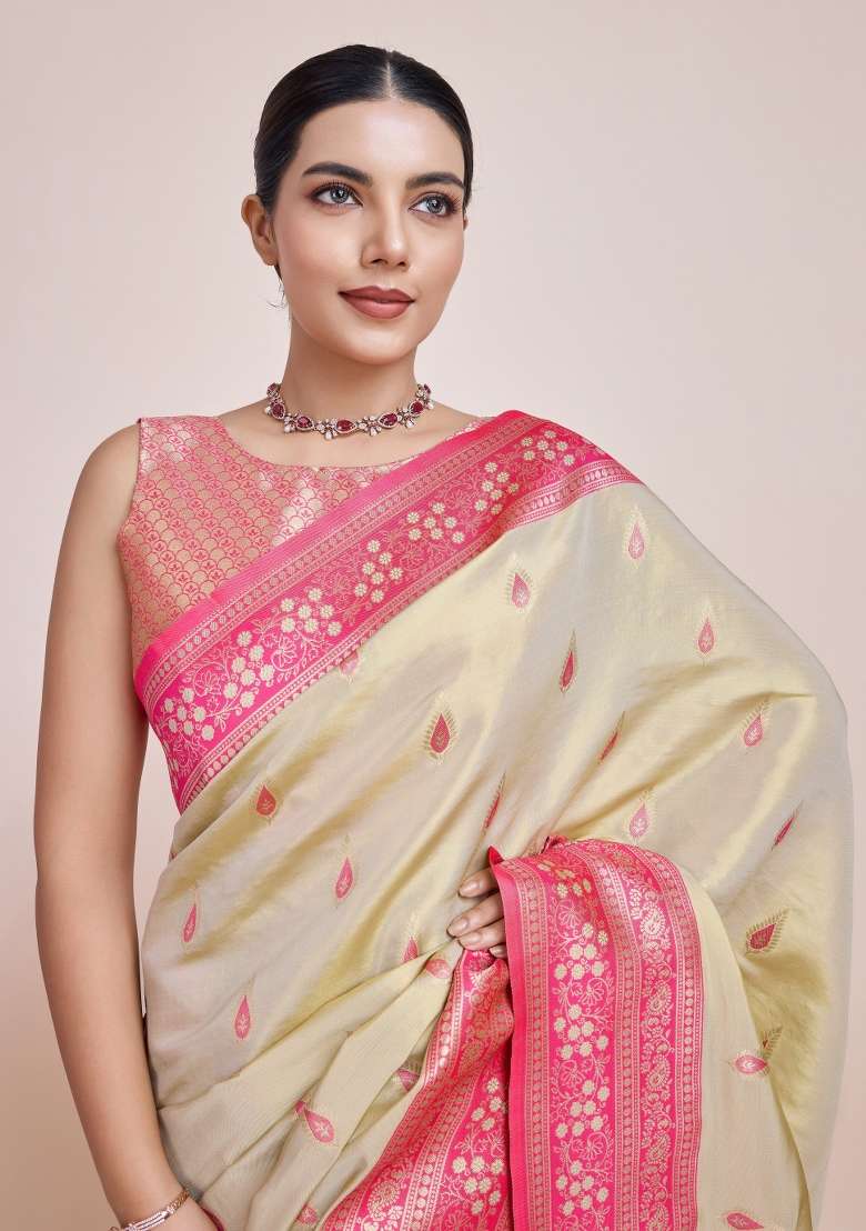 Cream Woven Silk Saree Set for Diwali | Wedding & Festive Wear - Indya