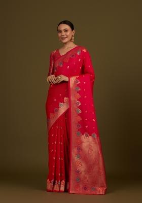 Pink Woven Silk Saree Set