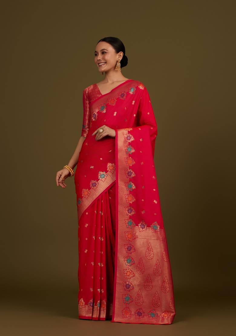 Pink Woven Silk Saree Set - Indya