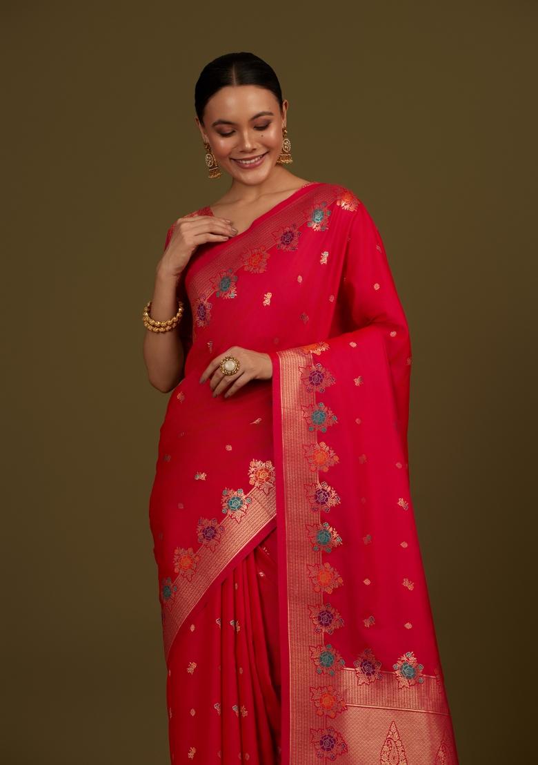 Pink Woven Silk Saree Set - Indya