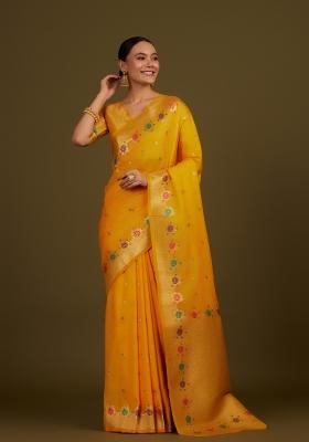 Yellow Woven Silk Saree Set