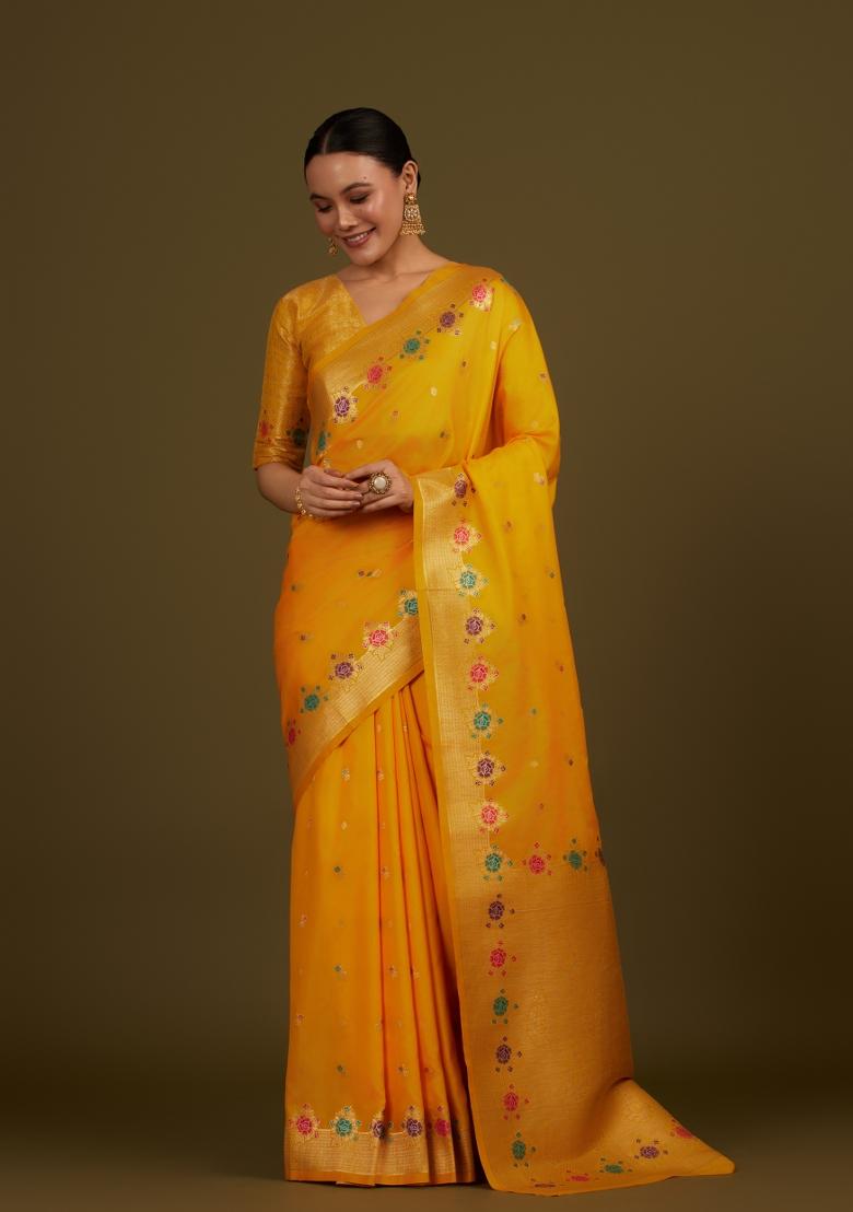 Yellow Woven Silk Saree Set - Indya
