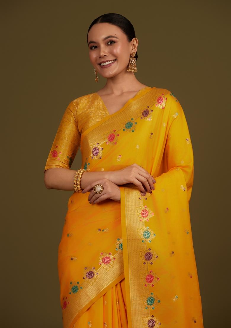 Yellow Woven Silk Saree Set - Indya