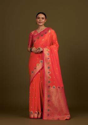 Orange Woven Silk Saree Set