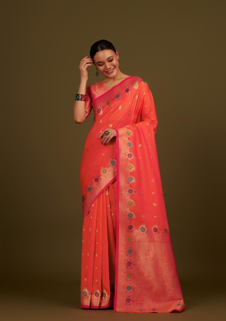 Orange Woven Silk Saree Set - Indya