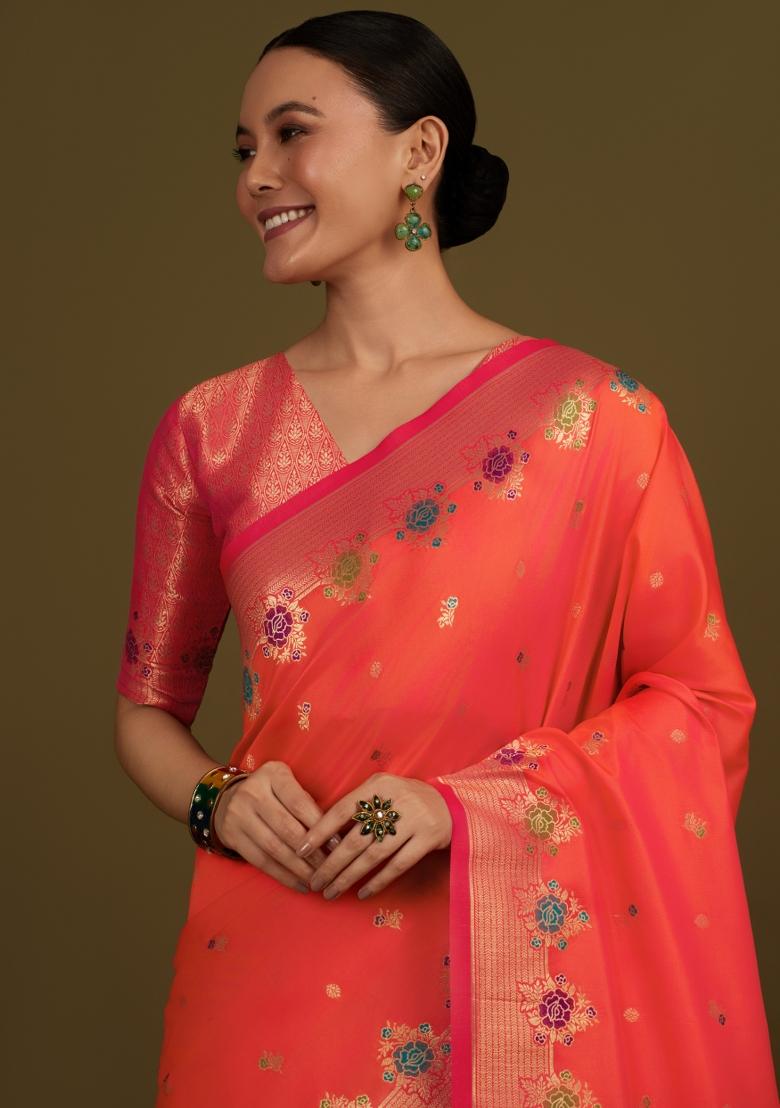 Orange Woven Silk Saree Set - Indya