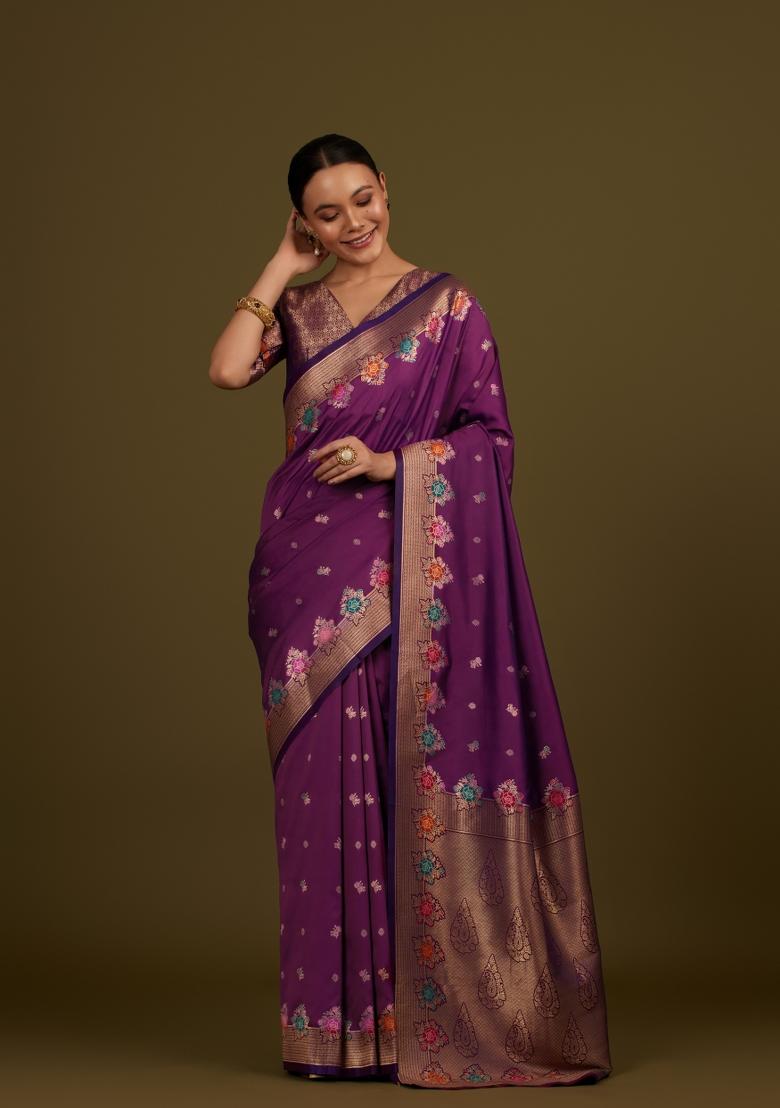 Wine Woven Silk Saree Set - Indya