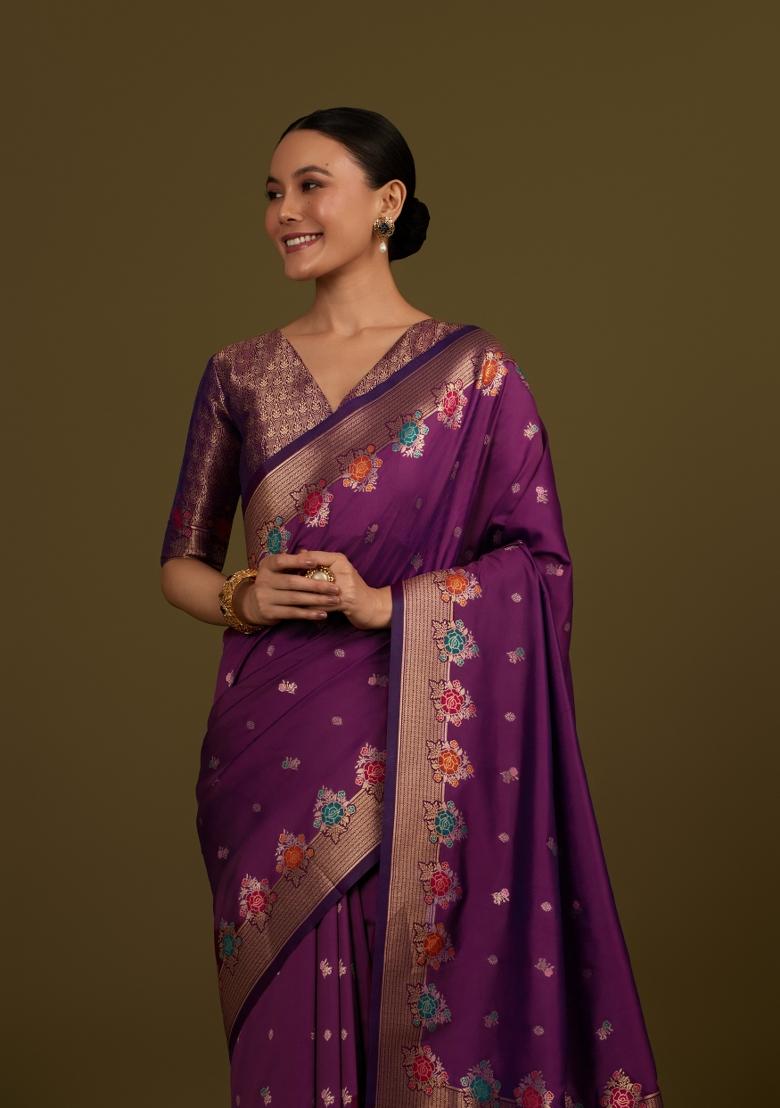 Wine Woven Silk Saree Set - Indya