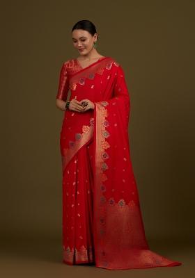 Red Woven Silk Saree Set