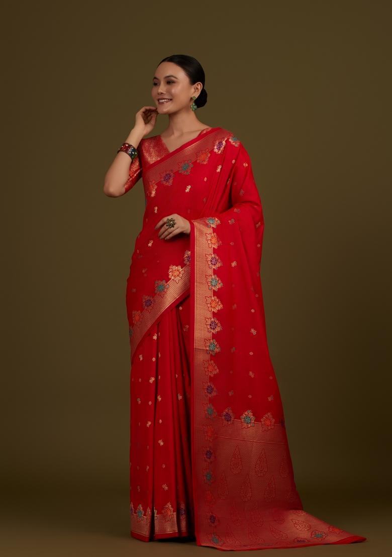 Red Woven Silk Saree Set - Indya