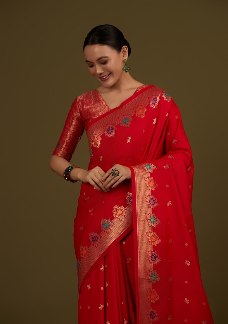 Red Woven Silk Saree Set - Indya