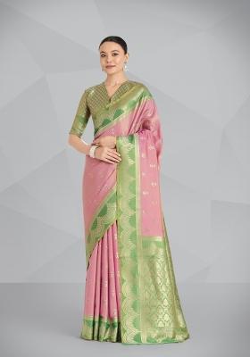 Pink Woven Silk Saree Set
