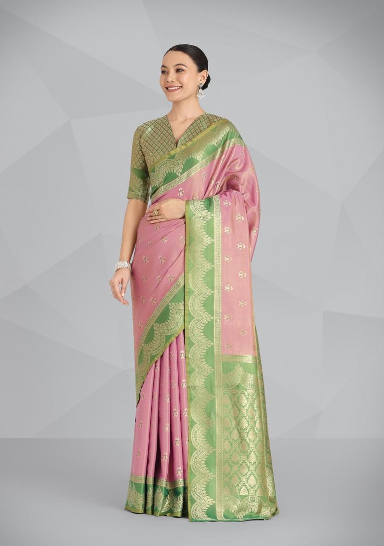 Pink Woven Silk Saree Set - Indya
