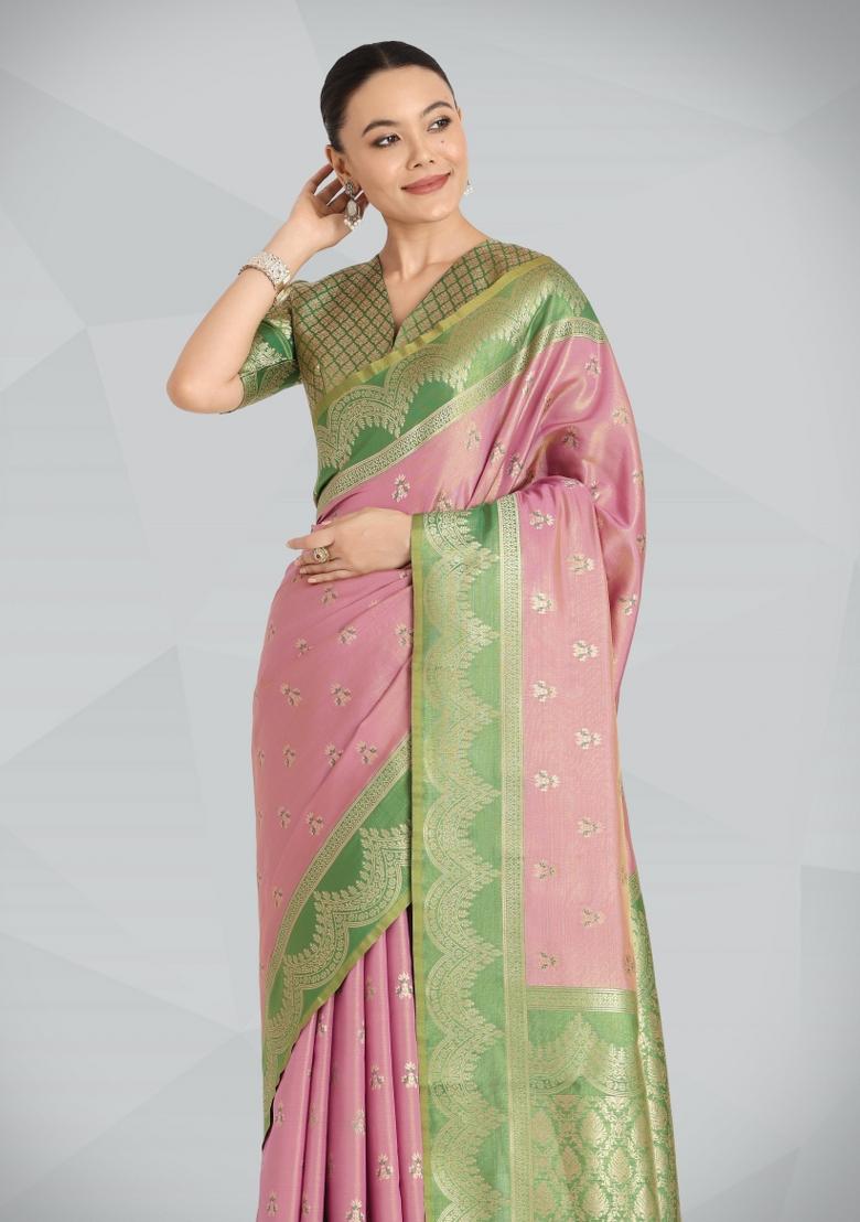 Pink Woven Silk Saree Set - Indya