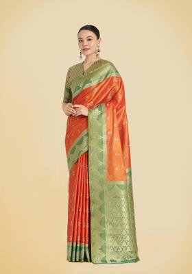 Orange Woven Silk Saree Set