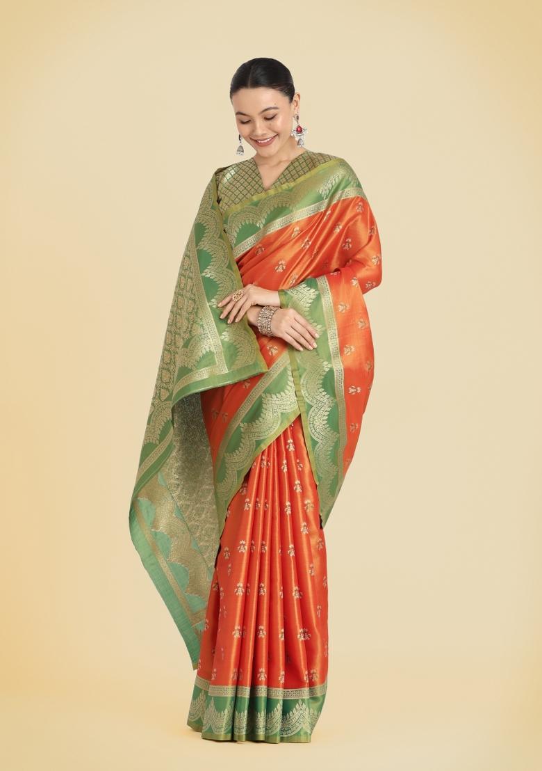 Orange Woven Silk Saree Set - Indya