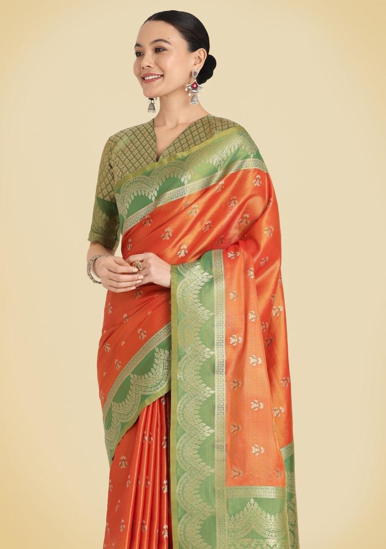 Orange Woven Silk Saree Set - Indya