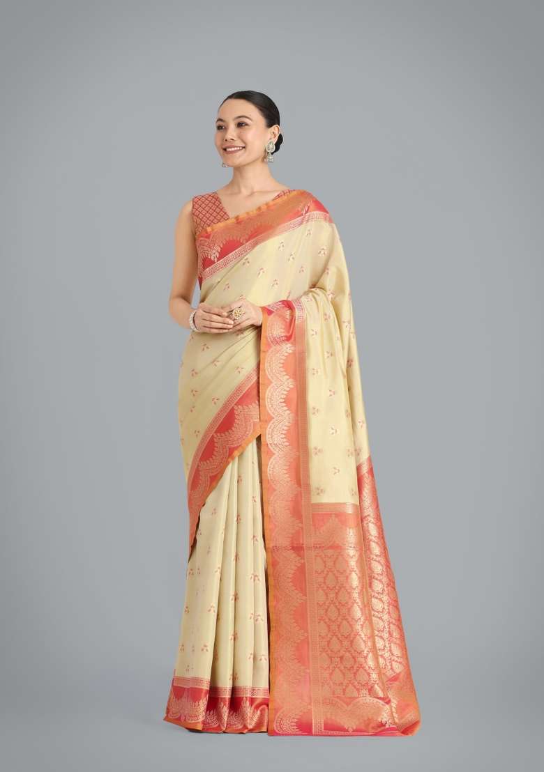 Cream Woven Silk Saree Set for Diwali | Wedding & Festive Wear - Indya