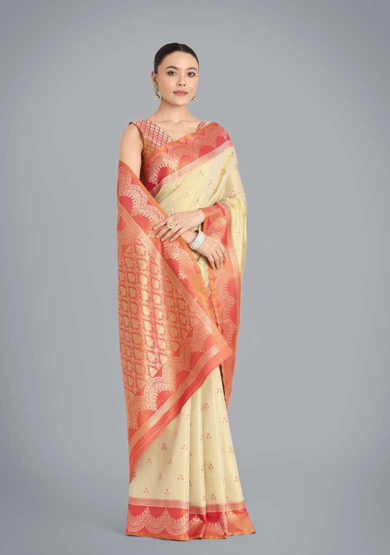 Cream Woven Silk Saree Set for Diwali | Wedding & Festive Wear - Indya
