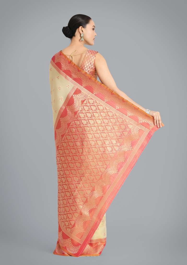 Cream Woven Silk Saree Set for Diwali | Wedding & Festive Wear - Indya