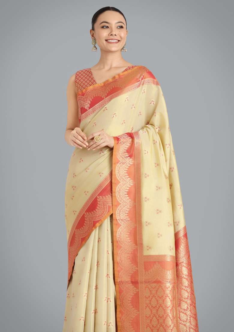 Cream Woven Silk Saree Set for Diwali | Wedding & Festive Wear - Indya
