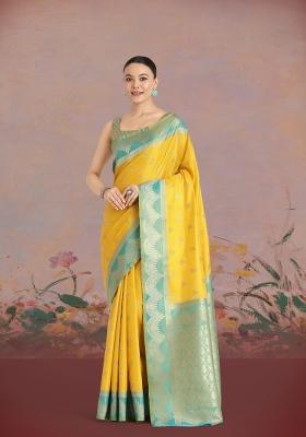 Yellow Woven Silk Saree Set