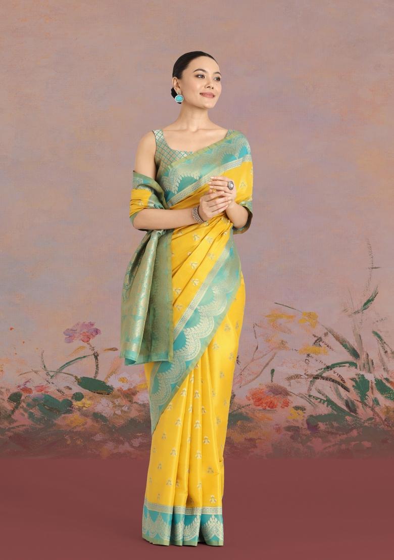 Yellow Woven Silk Saree Set - Indya
