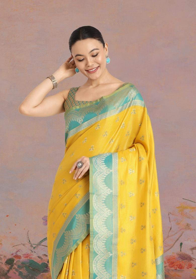 Yellow Woven Silk Saree Set - Indya