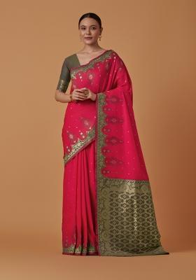 Pink Woven Silk Saree Set