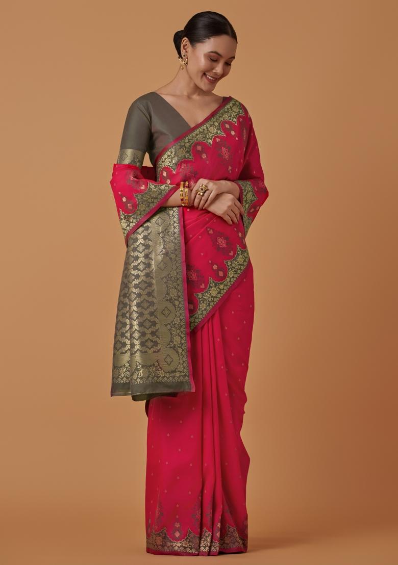 Pink Woven Silk Saree Set - Indya