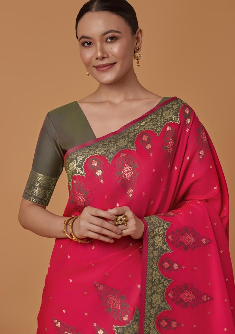 Pink Woven Silk Saree Set - Indya