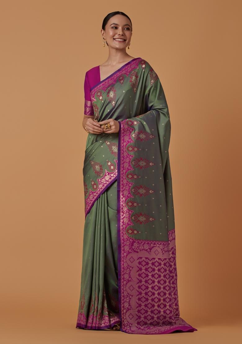 Sea Green Woven Silk Saree Set - Indya