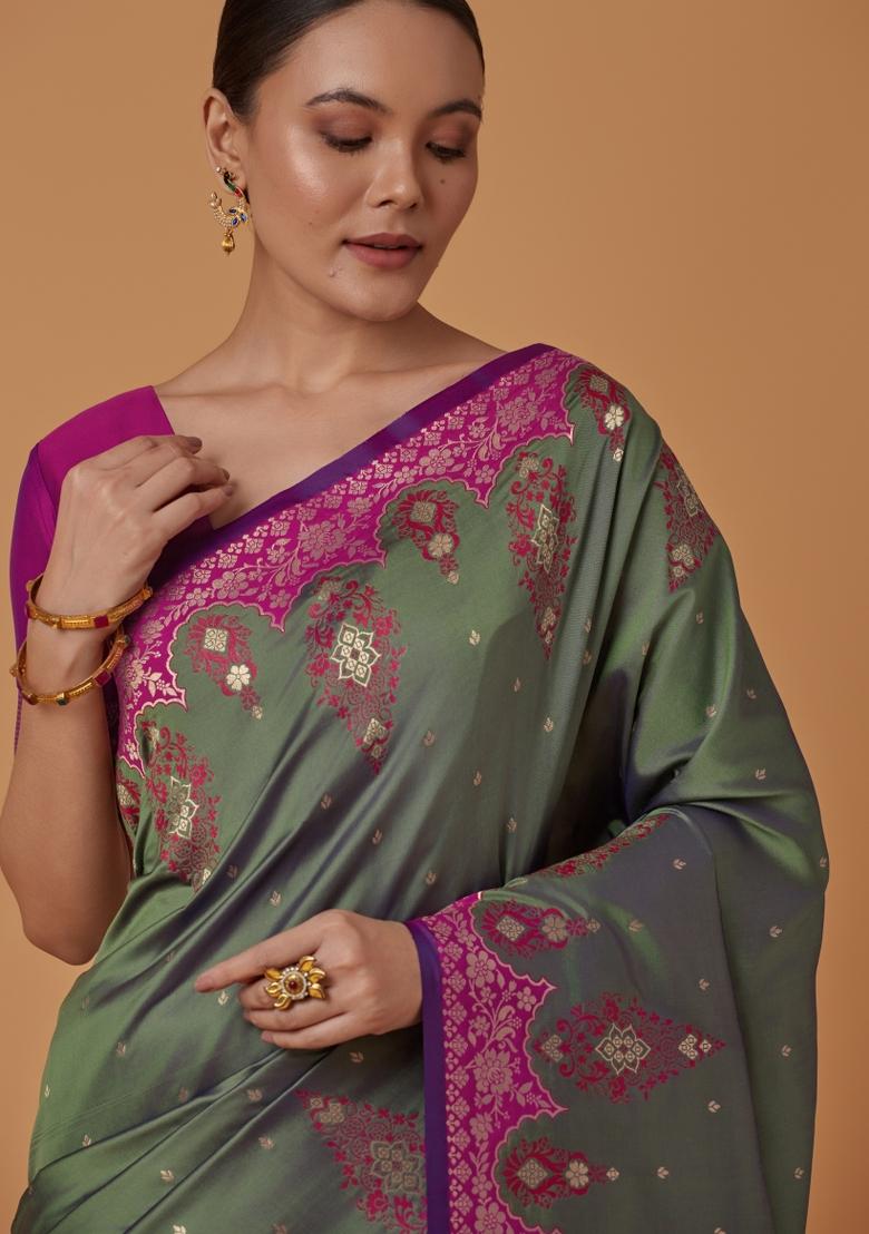 Sea Green Woven Silk Saree Set - Indya