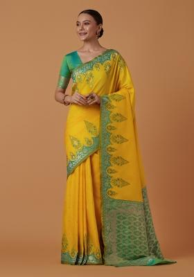 Yellow Woven Silk Saree Set