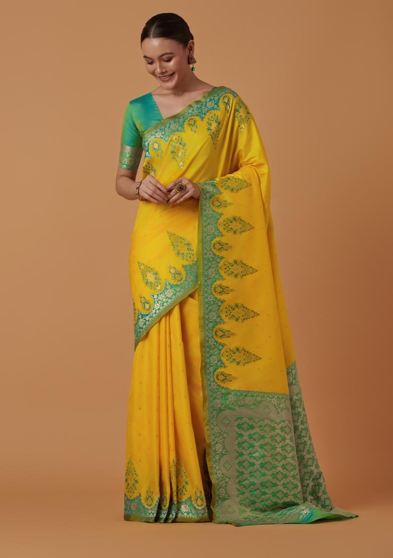 Yellow Woven Silk Saree Set - Indya