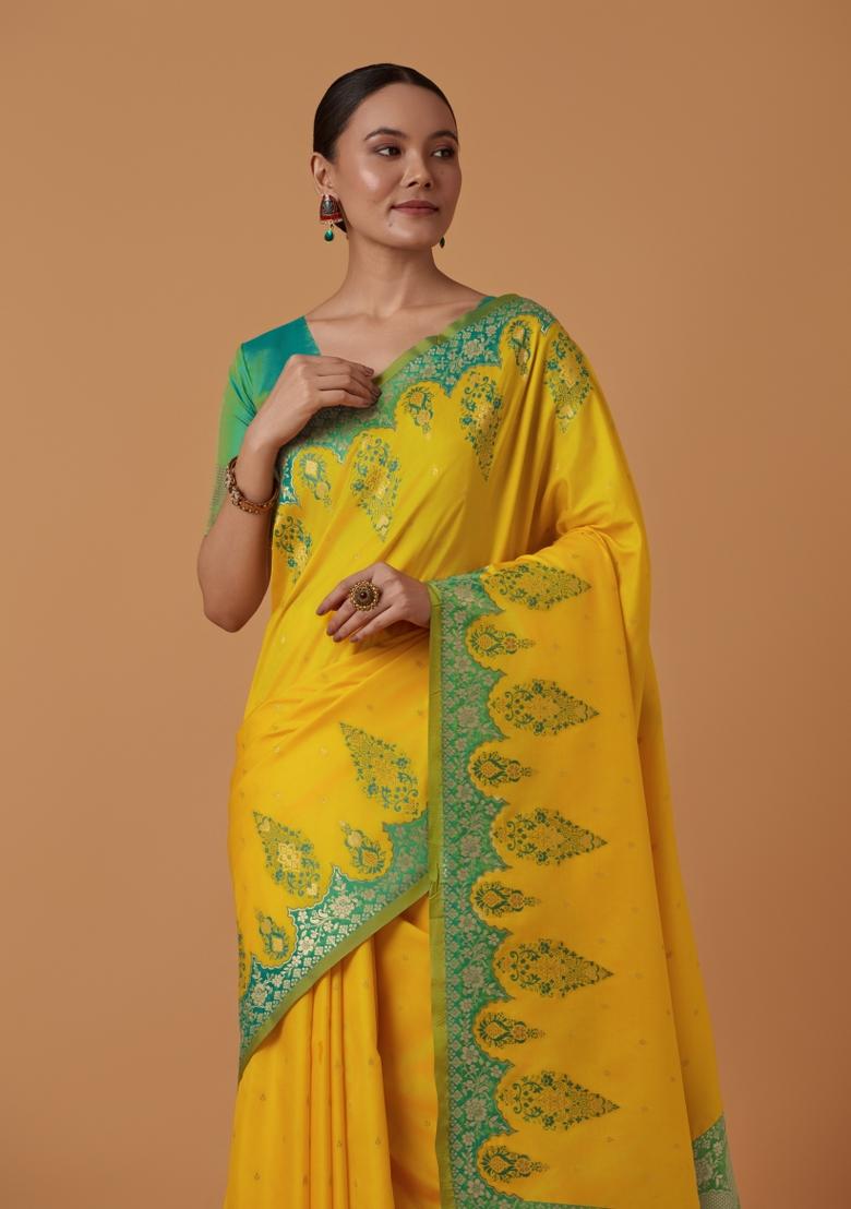 Yellow Woven Silk Saree Set - Indya