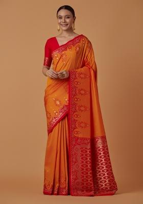 Orange Woven Silk Saree Set
