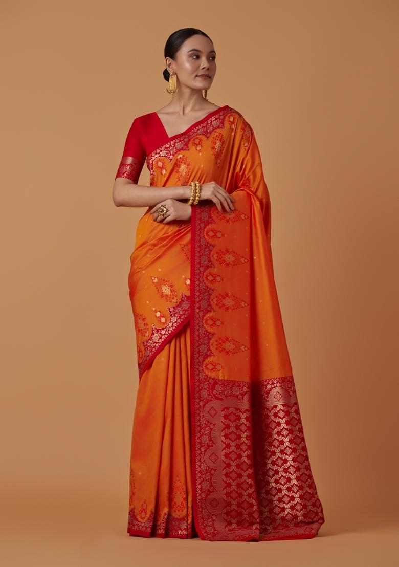 Orange Woven Silk Saree Set - Indya