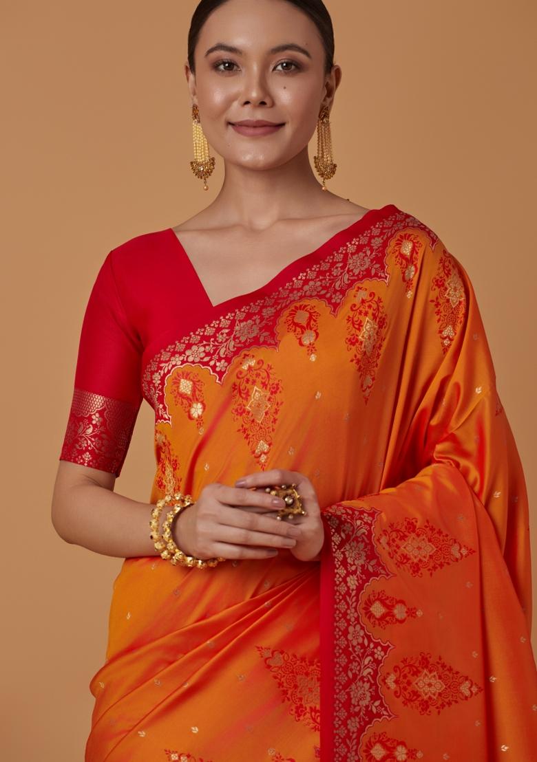 Orange Woven Silk Saree Set - Indya