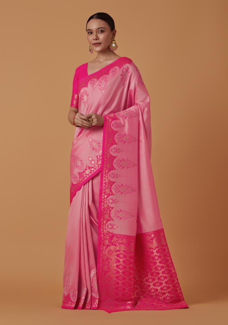 Baby Pink Woven Silk Saree Set - Indya