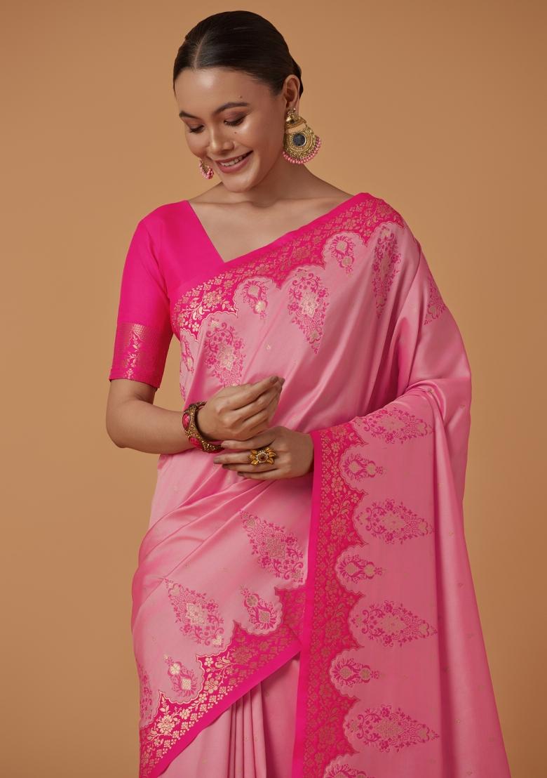 Baby Pink Woven Silk Saree Set - Indya