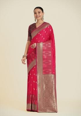 Pink Woven Silk Saree Set
