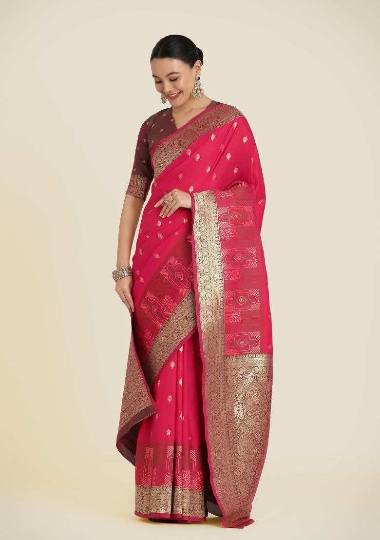 Pink Woven Silk Saree Set - Indya