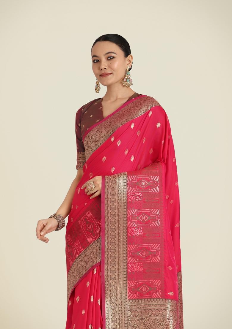 Pink Woven Silk Saree Set - Indya