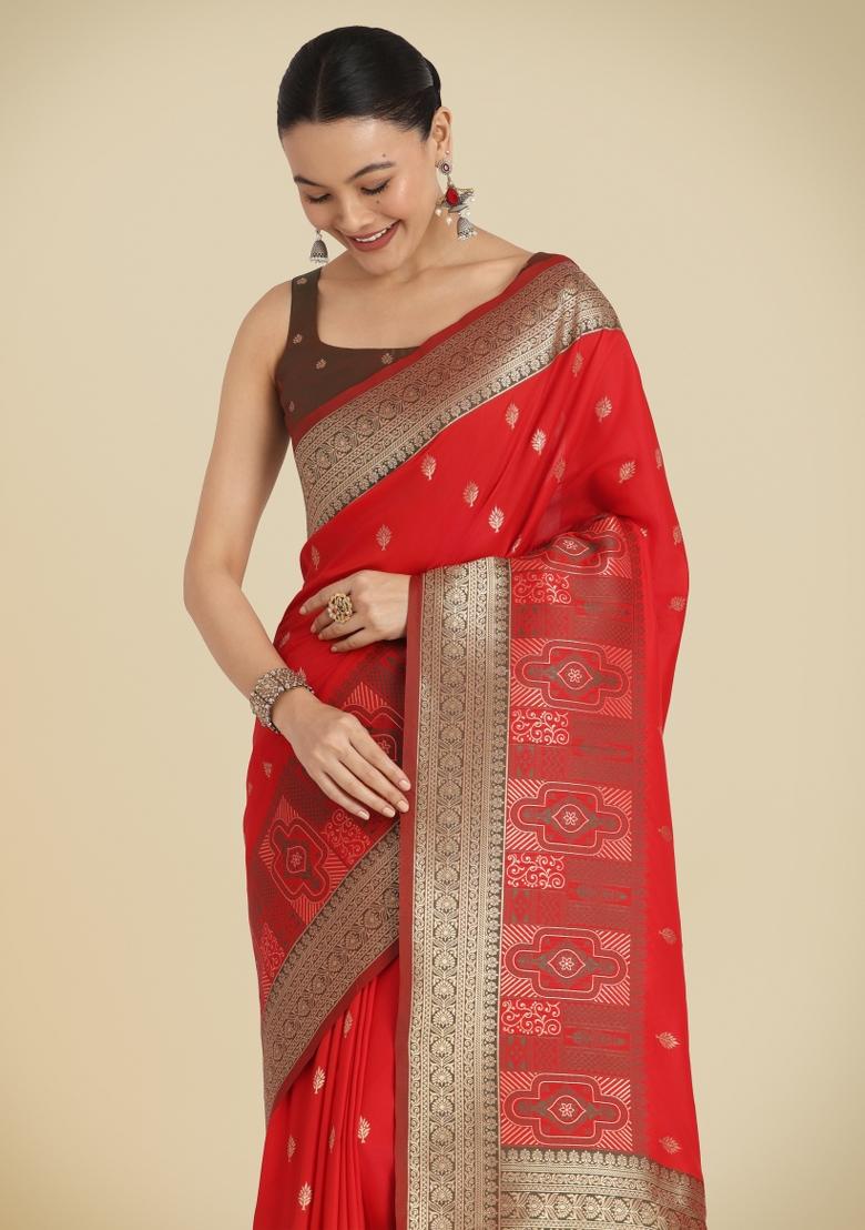 Red Woven Silk Saree Set - Indya