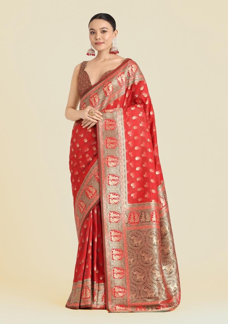 Red Woven Silk Saree Set - Indya