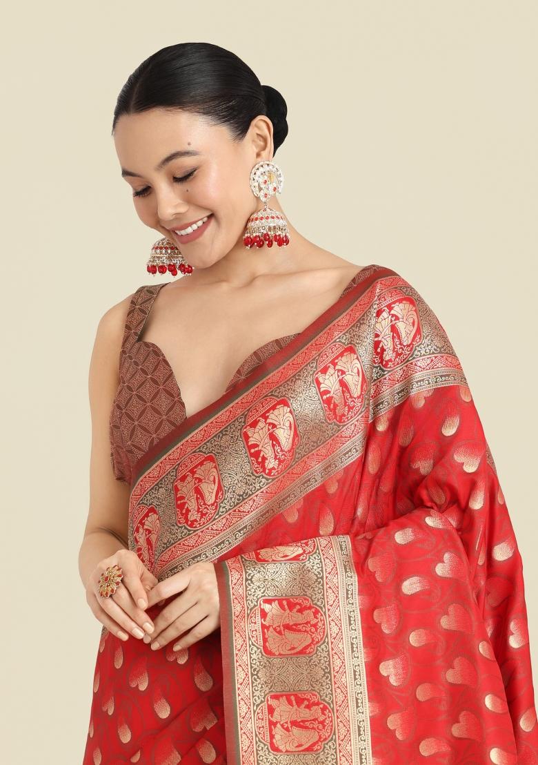 Red Woven Silk Saree Set - Indya