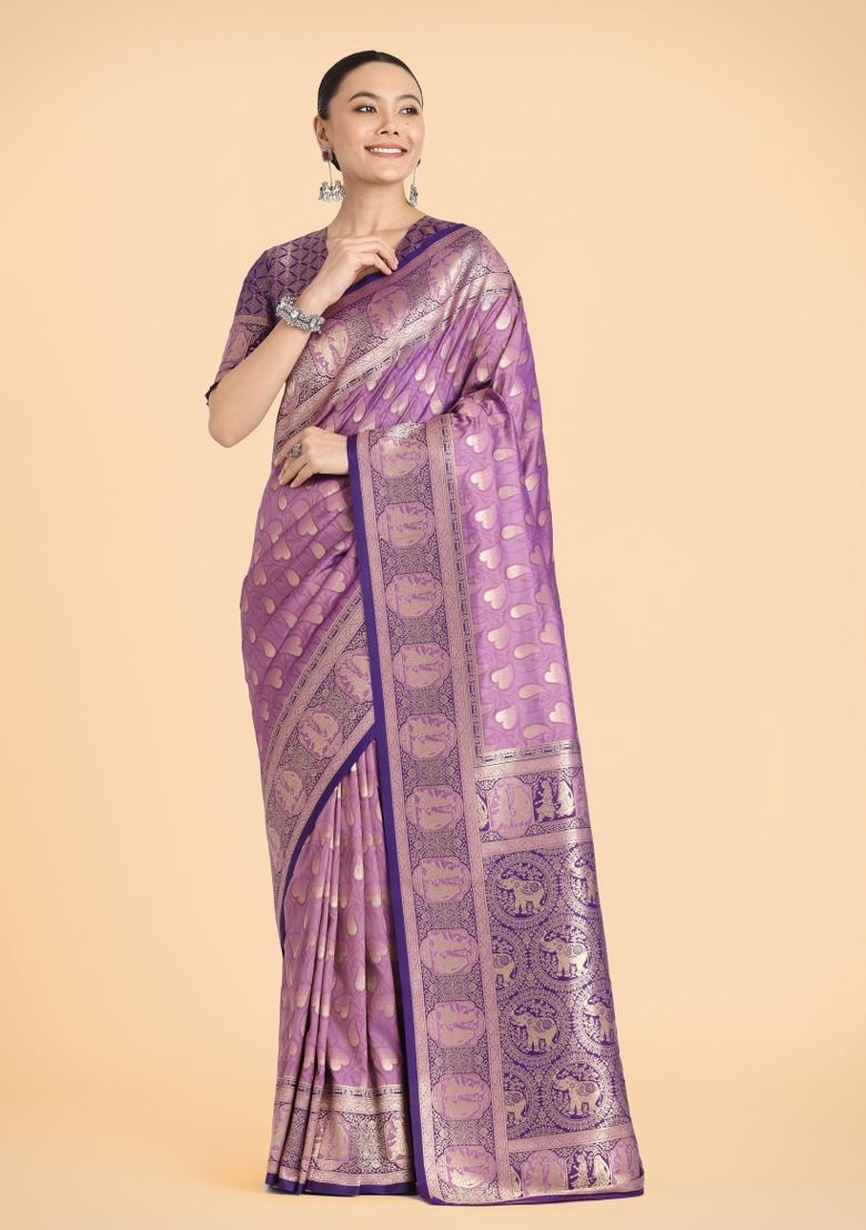 Lavender Woven Silk Saree Set - Indya