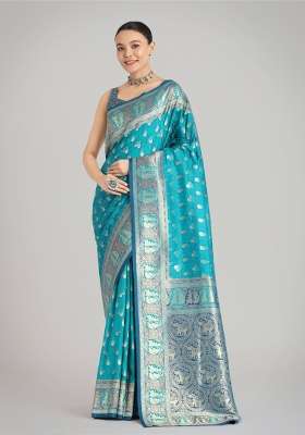 Turquoise Woven Silk Saree Set